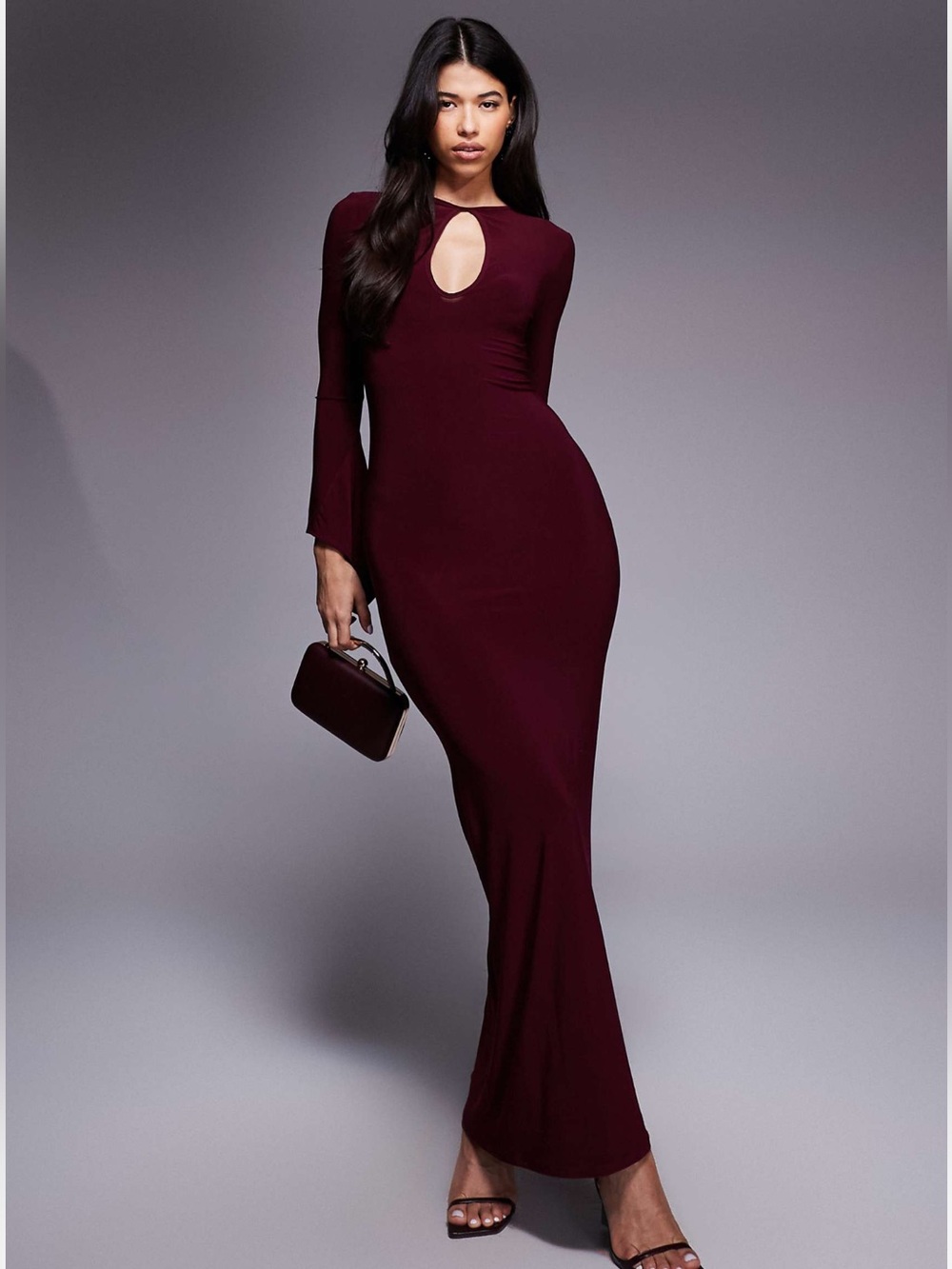 ASOS DESIGN asymmetrical angel sleeve maxi dress in burgundy